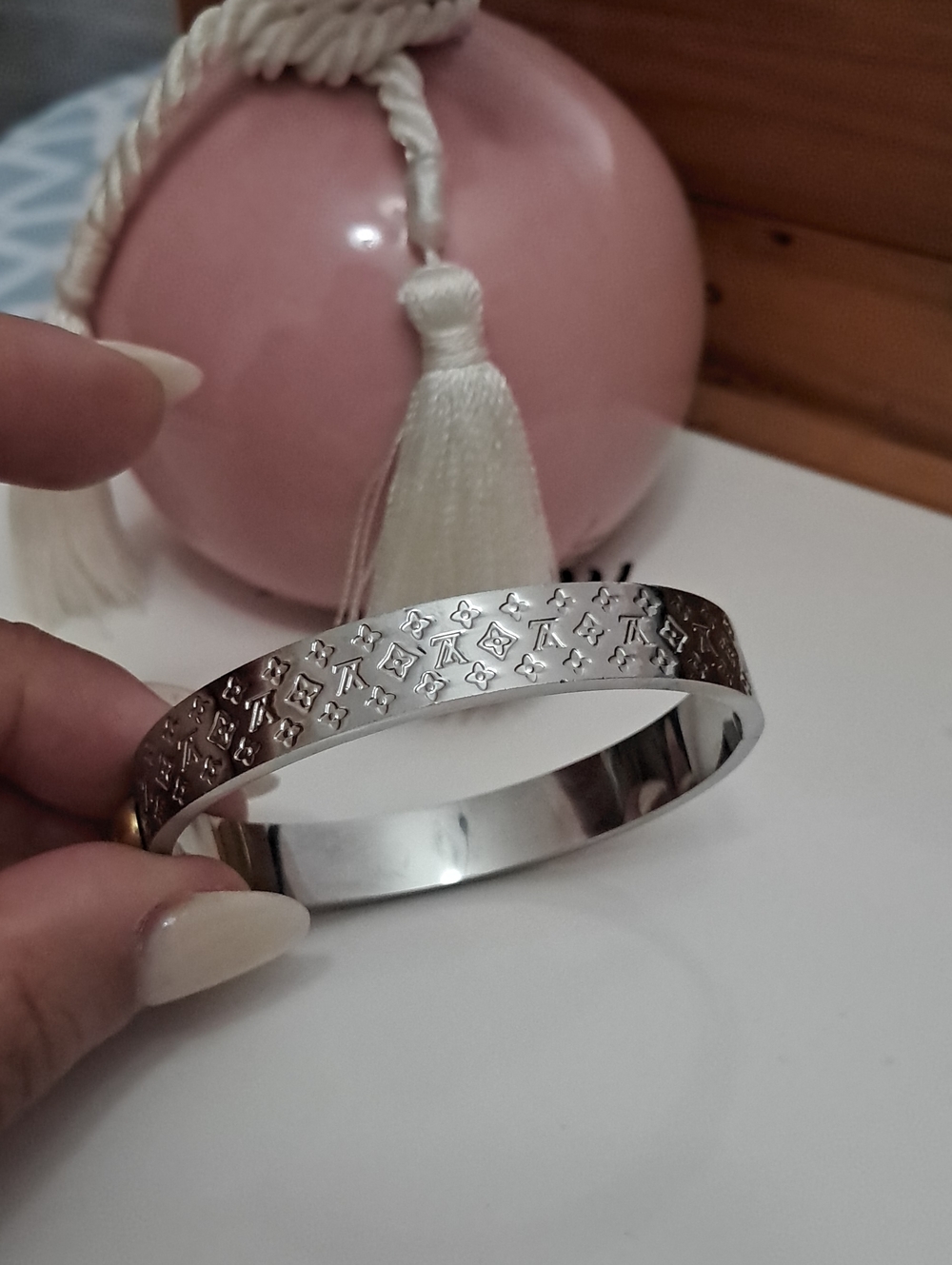 Fashion Jewelry Silver-Tone Bangle Bracelet with Engraved Monogram Motif